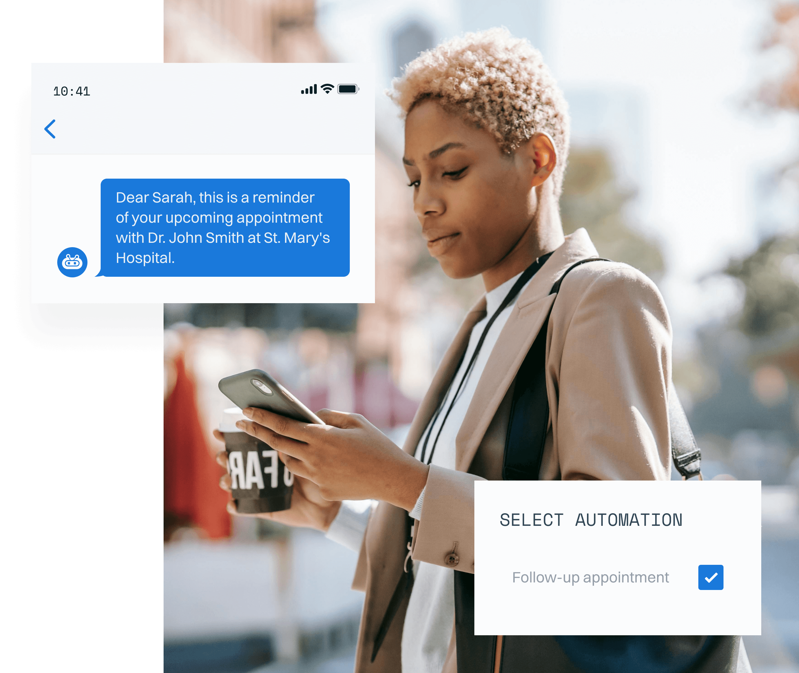 woman walking and typing a message on phone, a follow-up appointment