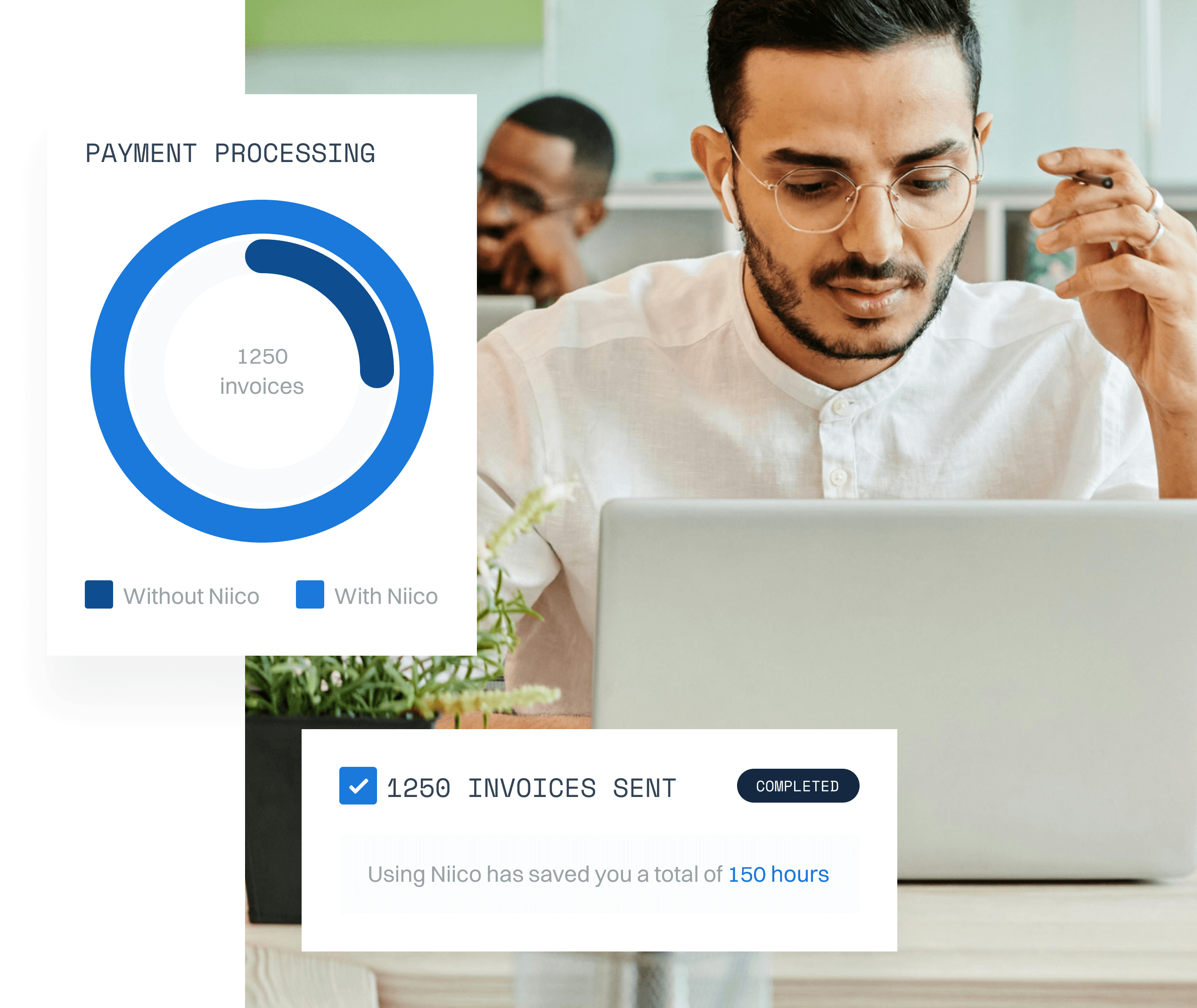 man typing on laptop, using niico for payment processing