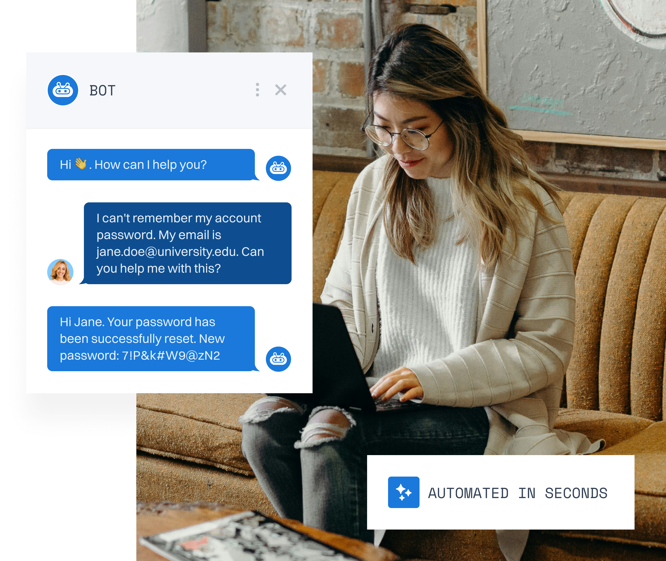 woman typing on laptop, chat bot screenshot