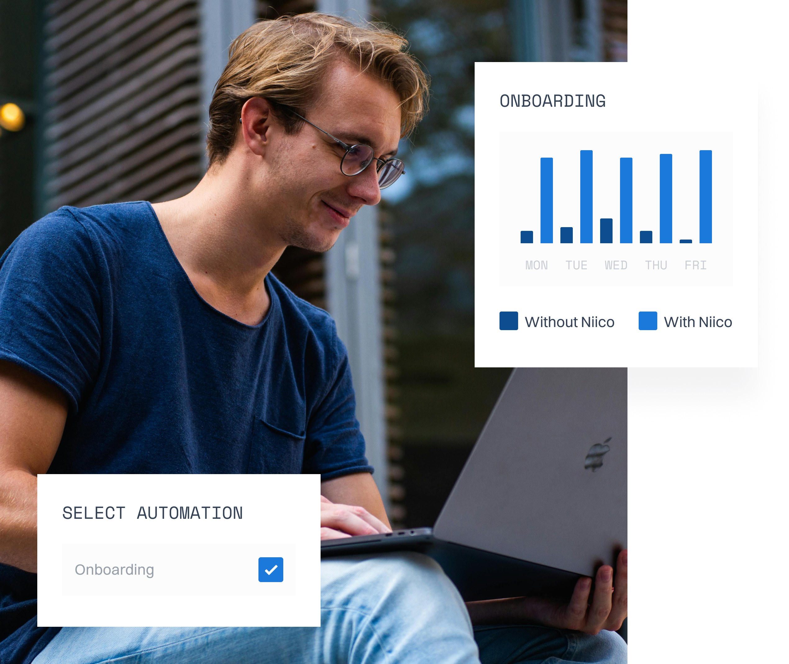 man typing on laptop, using niico for onboarding process